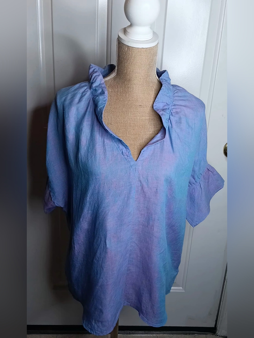 Finley Blue Lavender Washed Ruffle V-Neck Blouse Oversize Small